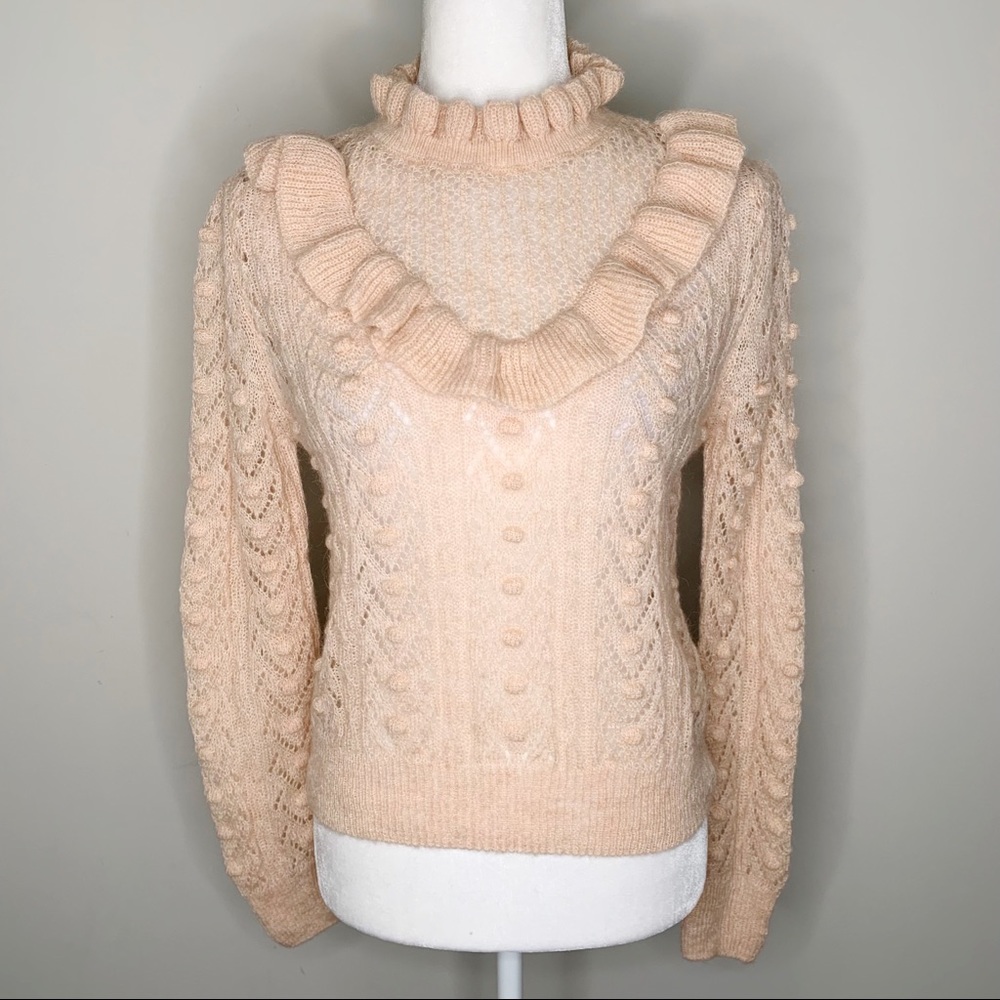 Zara Light Blush Pink Knit Sweater with Mock Neck, Ruffle and Swiss Dot
